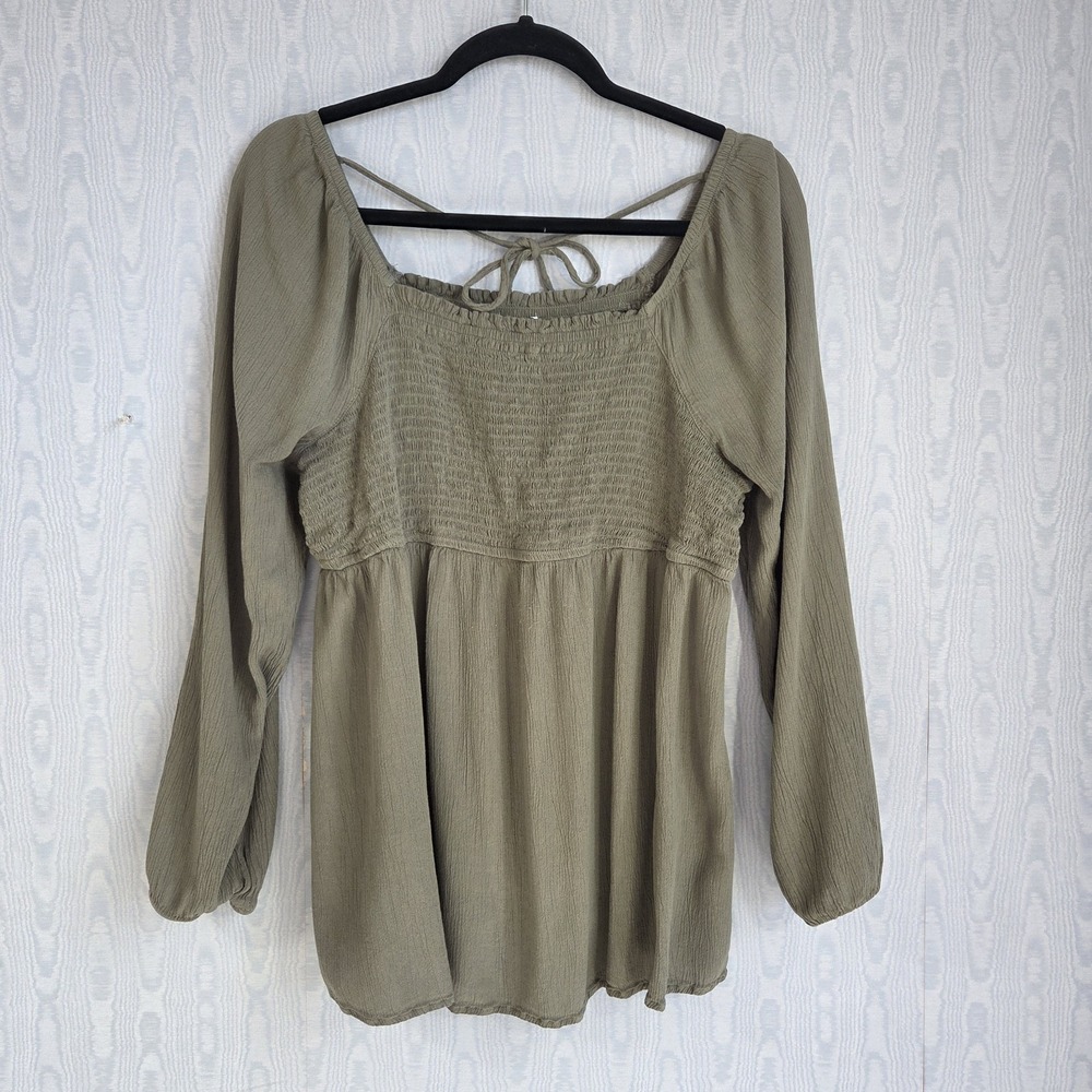 Sonoma Womens M Peasant Top Smocked Long Sleeve Olive Green Flowy Cottagecore